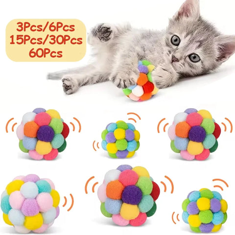 3/60pcs Cat Toy Balls with Bells – Colorful Pom Poms & Sparkle Tinsel Balls | Interactive Toys for Indoor Cats & Kittens