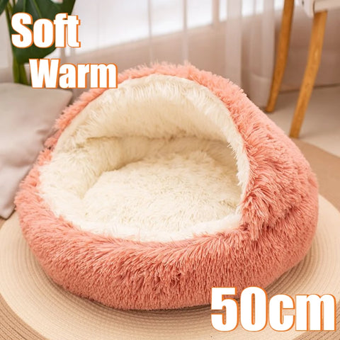 2-in-1 Plush Pet Bed with Cover – Warm Round Cat & Small Dog Sleeping Cave (50CM)