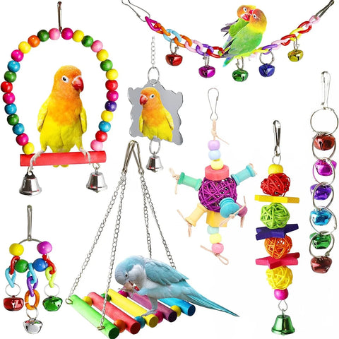 Colorful Bird & Parrot Toys – Swing, Mirror, Staircase & Wind Chimes | Fun Birdcage Decorations & Accessories