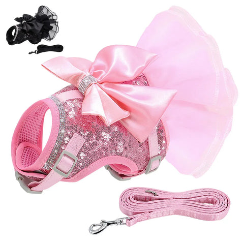 Bowknot Pet Harness & Leash Set – Lace Crystal Vest for Cats & Small Dogs