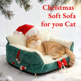 Christmas Cat Bed with Soft Neck Bolster – Cozy Holiday Pet Sofa for Cats & Small Dogs