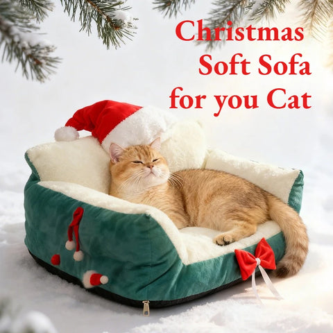 Christmas Cat Bed with Soft Neck Bolster – Cozy Holiday Pet Sofa for Cats & Small Dogs