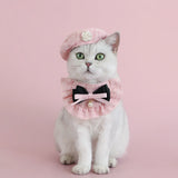 Elegant Pet Princess Outfit Set - Chic Beret, Pearl Bow & Floral Bib for Cats