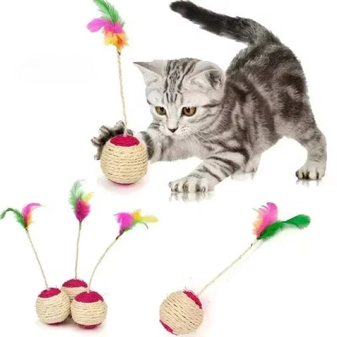 Interactive Cat Toy – Sisal Scratching Ball with Feathers | Fun Training Toy for Kittens & Cats