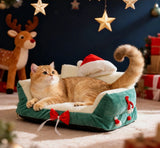 Christmas Cat Bed with Soft Neck Bolster – Cozy Holiday Pet Sofa for Cats & Small Dogs