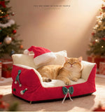 Christmas Cat Bed with Soft Neck Bolster – Cozy Holiday Pet Sofa for Cats & Small Dogs