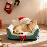 Christmas Cat Bed with Soft Neck Bolster – Cozy Holiday Pet Sofa for Cats & Small Dogs