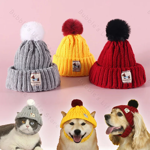Knitted Dog Hat with Pom-Pom – Windproof Winter Cap for Small Pets