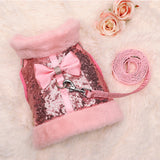 Bling Dog Harness & Leash Set – Warm Fur Vest with Bowtie for Small & Medium Dogs & Cats