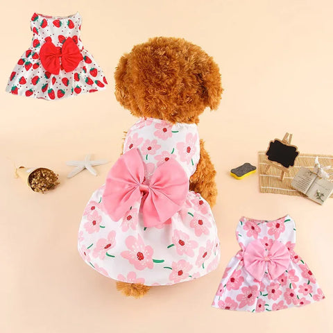 Cute Puppy Princess Floral Dress with Bow & Lace