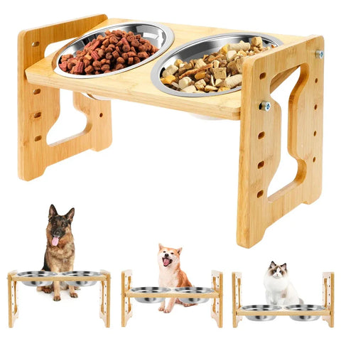 Adjustable Elevated Dog Feeder – Wooden Stand with Double Bowls