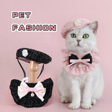 Elegant Pet Princess Outfit Set - Chic Beret, Pearl Bow & Floral Bib for Cats