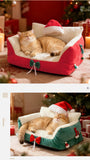 Christmas Cat Bed with Soft Neck Bolster – Cozy Holiday Pet Sofa for Cats & Small Dogs
