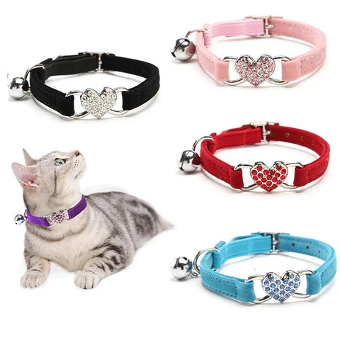 Velvet Cat Collar with Heart Charm & Bell