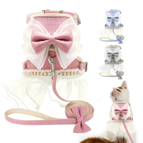 Bowknot Cat Harness & Leash Set – Cute Princess Dress for Small Pets