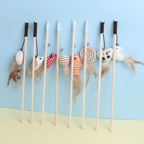 Wooden Cat Teaser Rod – Feather and Bell