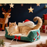 Christmas Cat Bed with Soft Neck Bolster – Cozy Holiday Pet Sofa for Cats & Small Dogs
