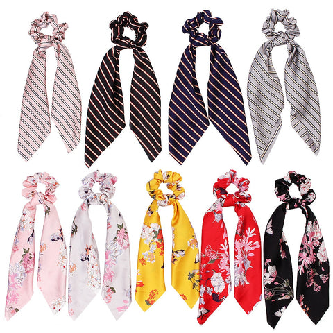 Floral Print Bow Satin Long Ribbon Headbands