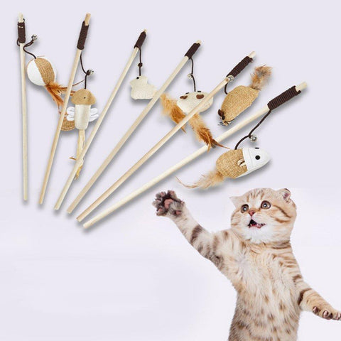 Pet Teaser Toys Feather Wood Rod Mouse