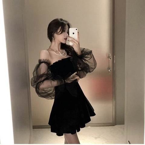 Black Retro Lace Chiffon Mini Dress Female Korean Fashion