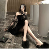 Black Retro Lace Chiffon Mini Dress Female Korean Fashion