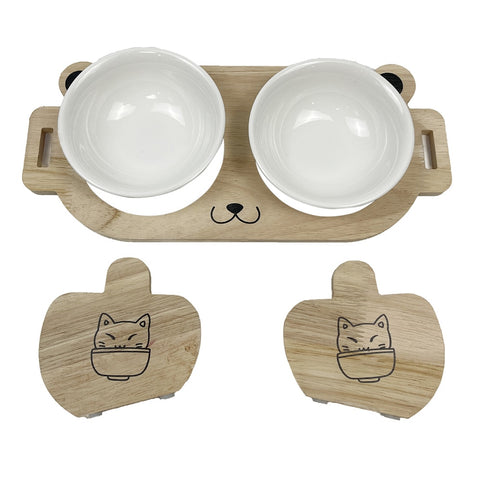 Pet Elevated Ceramic Bowl Dish with Wood Stand