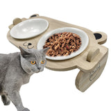 Pet Elevated Ceramic Bowl Dish with Wood Stand