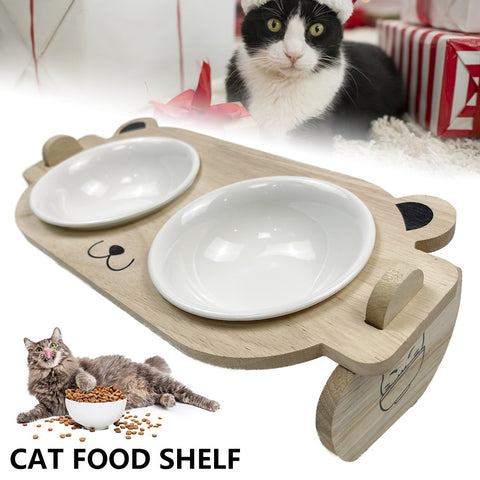 Ceramic Pet Bowls 2 Wood Stand Raised Feeder