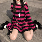 Pink Striped Gothic Sweaters Fairy Grunge Emo Streetwear Lolita