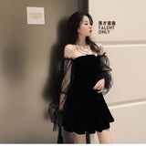 Black Retro Lace Chiffon Mini Dress Female Korean Fashion