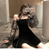 Black Retro Lace Chiffon Mini Dress Female Korean Fashion